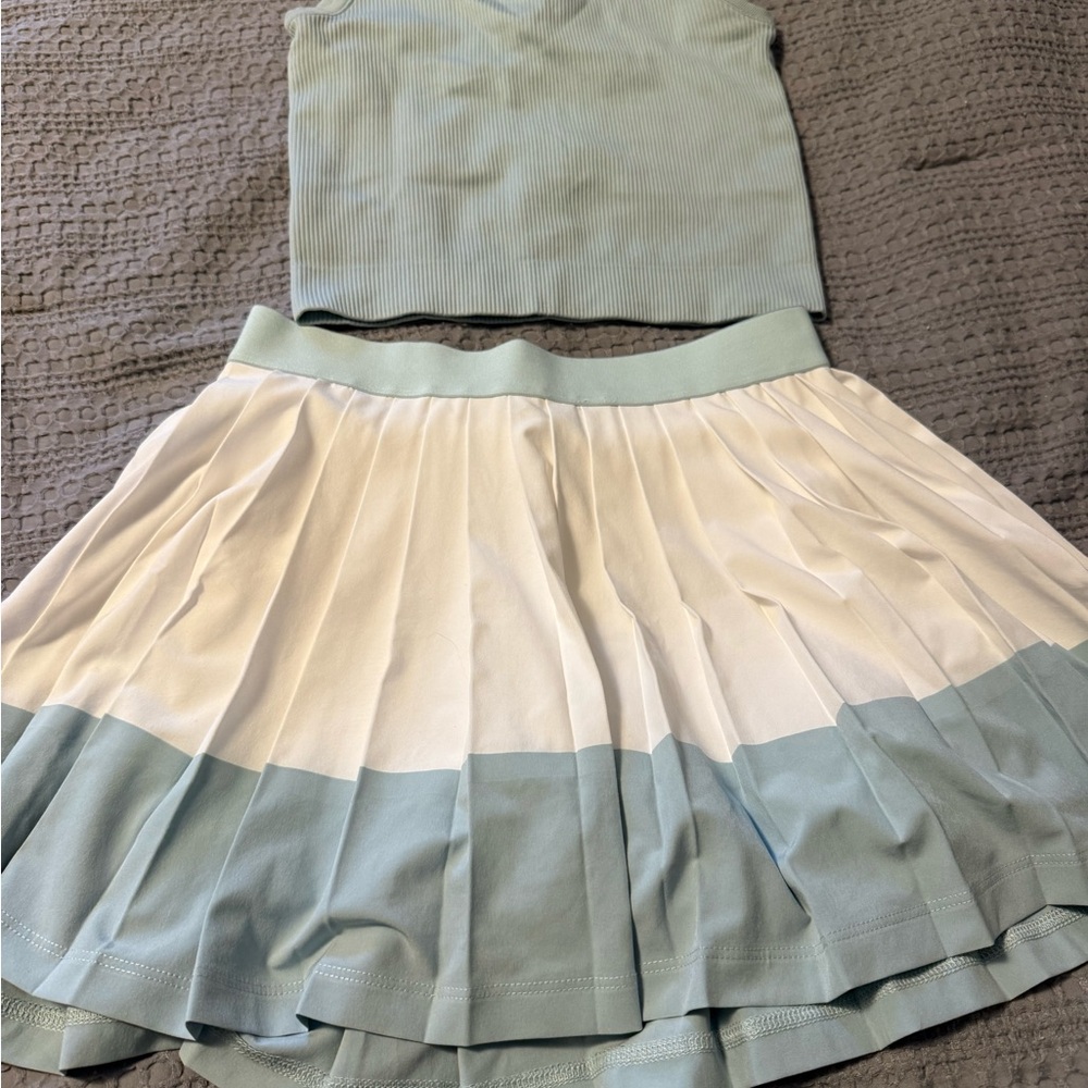 Athleta Kids Ribbed Top and Pleated Skirt Set in Light Blue and White